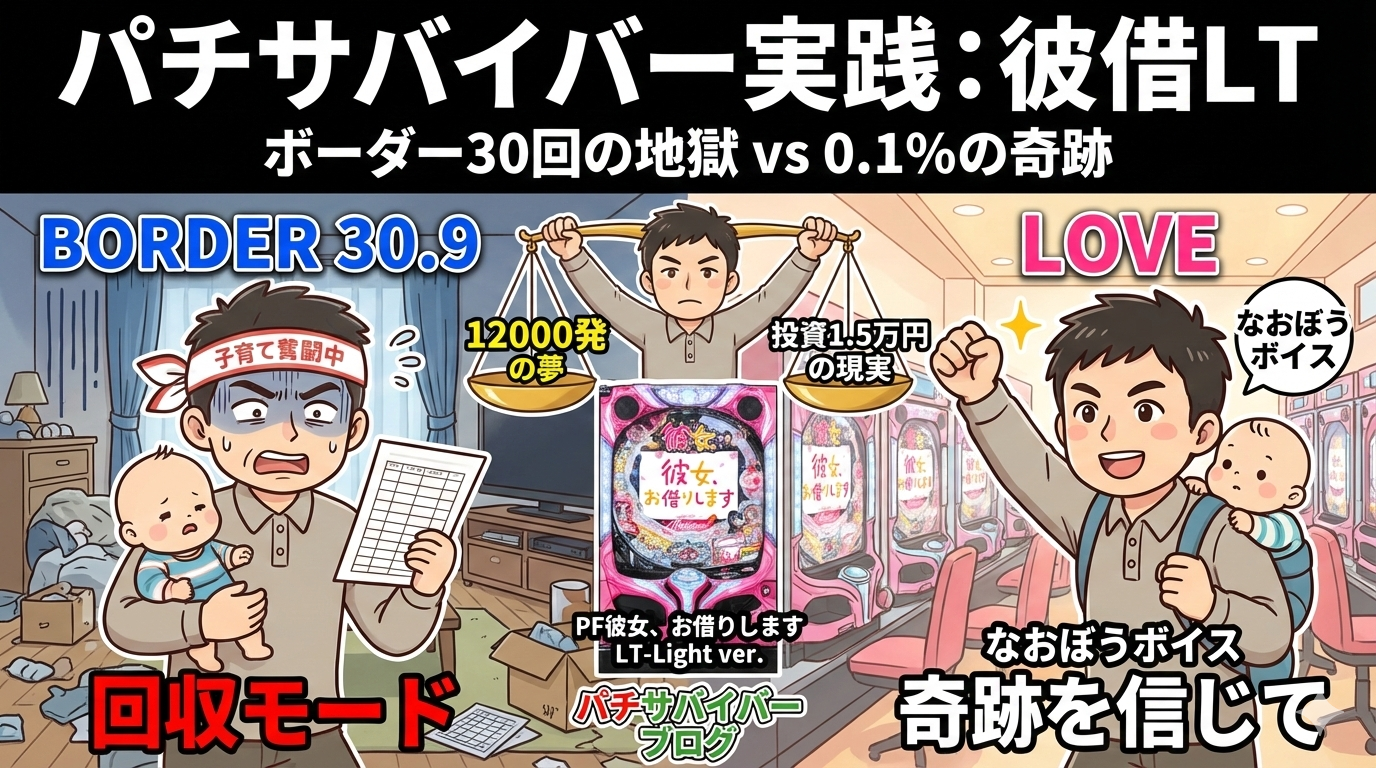パチサバイバー実践：PF彼女、お借りします LT-Light ver.の実戦アイキャッチ。投資1.5万円の現実と12,000発の夢、子育てパパの苦闘を描いたイラスト
