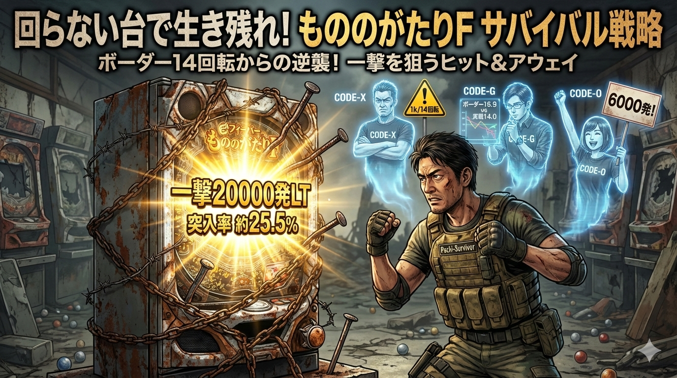荒廃したパチンコホールで、鎖と釘に縛られた「eフィーバーもののがたりF」の台を前に、決意の表情を浮かべるサバイバー姿の男性。背後には解析チーム「TRI-CODE（CODE-X, CODE-G, CODE-O）」が青いホログラムとして浮かび、ボーダー14回転からの逆襲を象徴するサイバーパンク風のアイキャッチ画像。