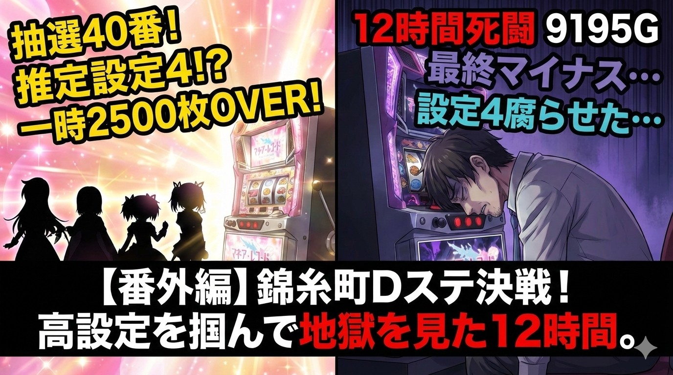 スロット実戦ブログのアイキャッチ画像。左側に「抽選40番！推定設定4!?」と輝く演出画面、右側に「12時間死闘 9195G」と、スロット台の前で疲れ果ててうなだれる男性の対比。中央には黒帯に白文字で「【番外編】錦糸町Dステ決戦！高設定を掴んで地獄を見た12時間。」というタイトル。