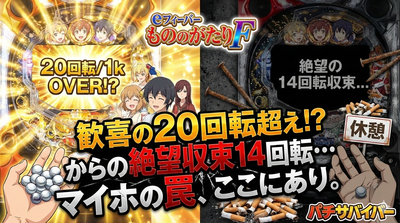 eフィーバーもののがたりFの実戦日記アイキャッチ画像。回転率20回転から14回転へ急落した絶望の釘調整とマイホの罠を表現したイラスト。