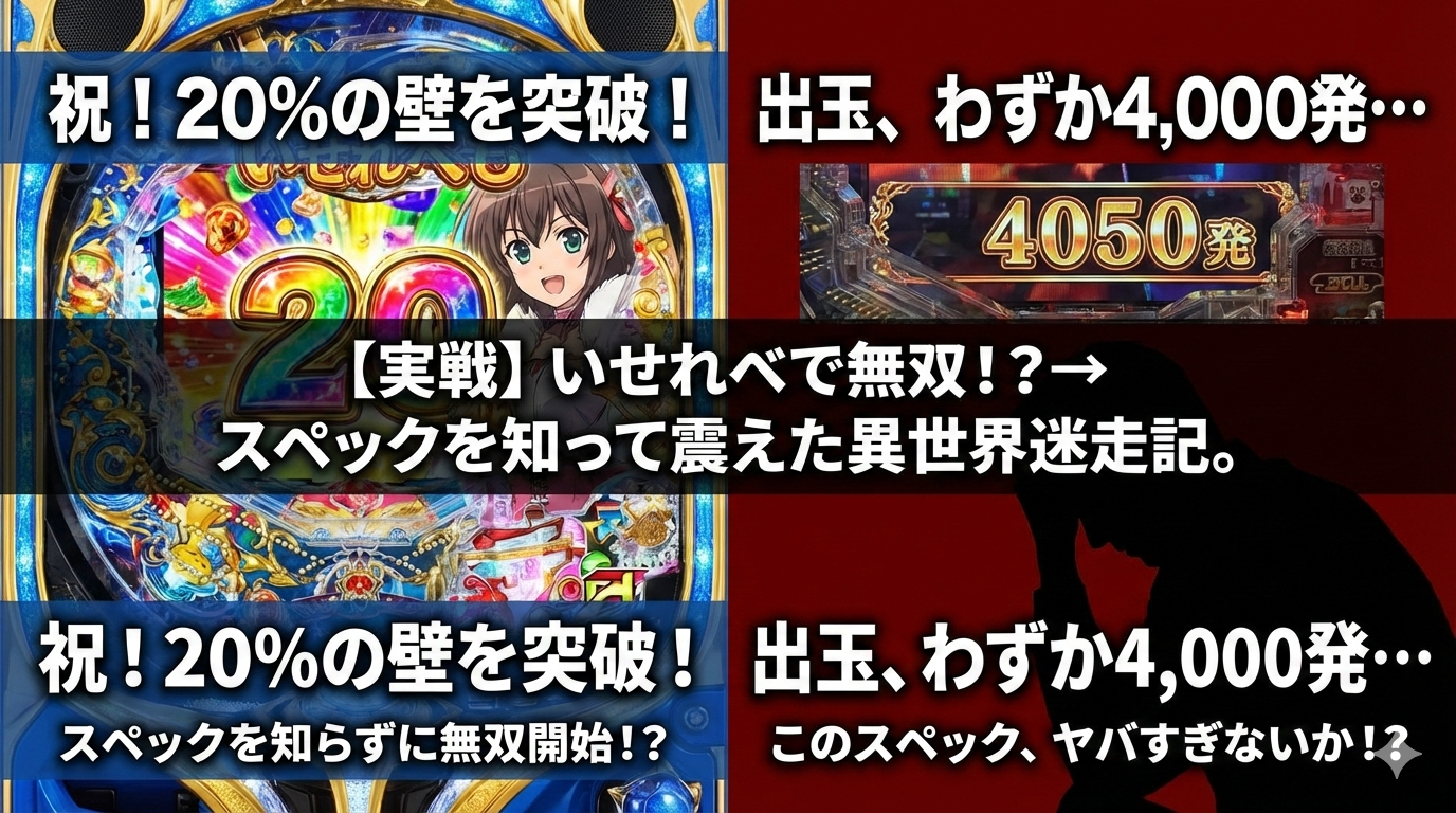 パチンコ「e異世界でチート能力を手にした俺は現実世界をも無双する」の実戦記事アイキャッチ。20%のRUSH突入ルートを突破した喜びと、期待に反して4050玉で終了した戸惑いの対比。