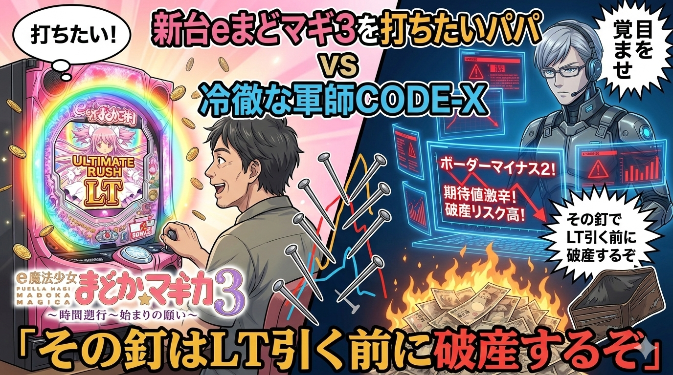 新台eまどマギ3を打ちたいパパvs冷徹な軍師CODE-Xの対決イラスト。左側に『打ちたい！』と熱望するパパと、LT（ラッキートリガー）が輝く『e魔法少女まどか☆マギカ3 時間遡行～始まりの願い～』のパチンコ台。中央に『新台eまどマギ3を打ちたいパパ vs 冷徹な軍師CODE-X』のテキスト。右側にCODE-Xが『目を覚ませ』と警告し、ホログラムモニターに『ボーダーマイナス2！』『期待値激辛！』『破産リスク高！』のデータと、燃える札束、空の財布。下部に大きな黄色いテキストで『その釘はLT引く前に破産するぞ』。全体にクソ釘が刺さり、期待と現実の厳しい対比を表現。