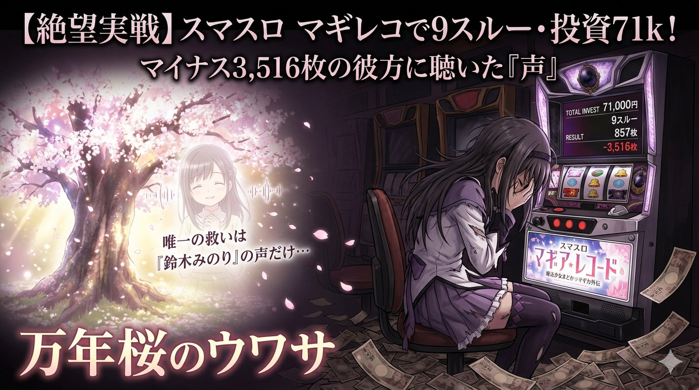 スマスロ マギアレコードで7万1千円負けて絶望する女の子と、唯一の救いである「万年桜のウワサ」の光り輝く桜の木が描かれたアイキャッチ画像