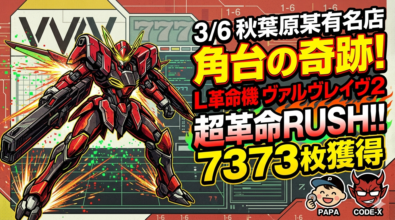 L革命機ヴァルヴレイヴ2実戦記：秋葉原の某有名店で角台を狙い7373枚を獲得した超革命RUSHのアイキャッチ画像